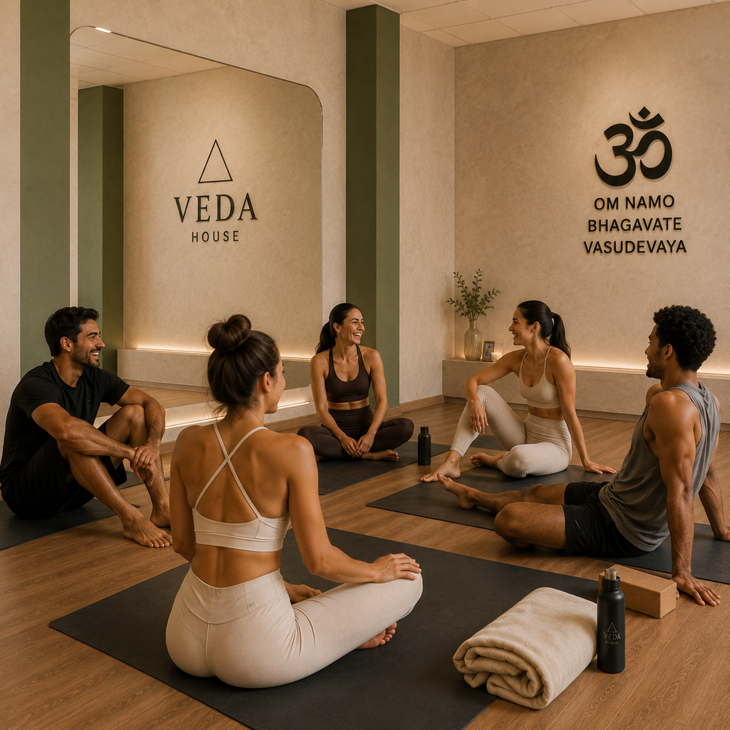 Membresía de yoga ilimitada en Quito en VEDA HOUSE, hombres y mujeres practicando yoga en espacio de bienestar en Quito, Ecuador