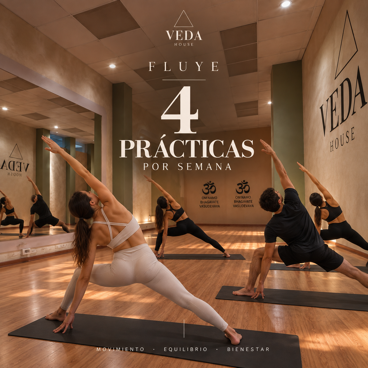 Membresía de yoga 4 prácticas en Quito en VEDA HOUSE, hombres y mujeres practicando yoga en espacio de bienestar en Quito, Ecuador